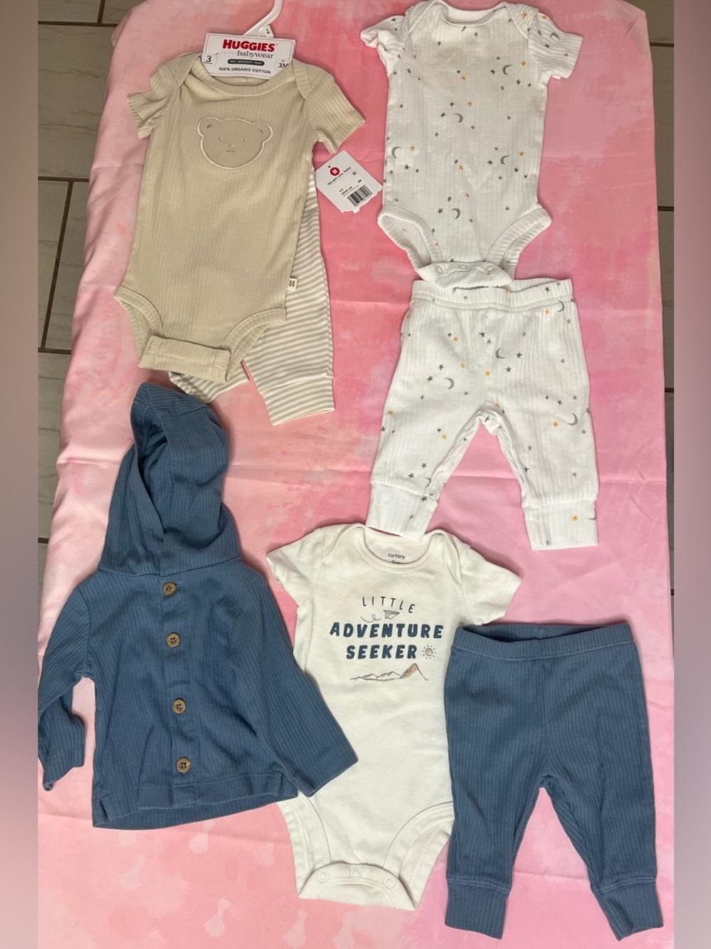 Baby Boy 8pc Bundle 3M Carter's + NWT Huggies Neutral Set